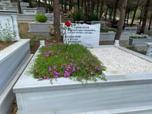 Mermer tek kişilik mezar modeli, üstü kırmızı çiçeklerle süslenmiş